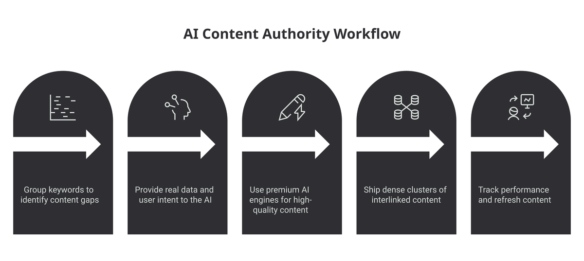 Five-step process flow: cluster keywords, feed AI real data and intent, generate with premium AI, publish interlinked silos, monitor and iterate