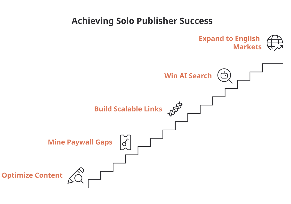 A five-step staircase ranking Norquay's tactics for a solo publisher, climbing from Optimize Content at the bottom to Expand to English Markets at the top.